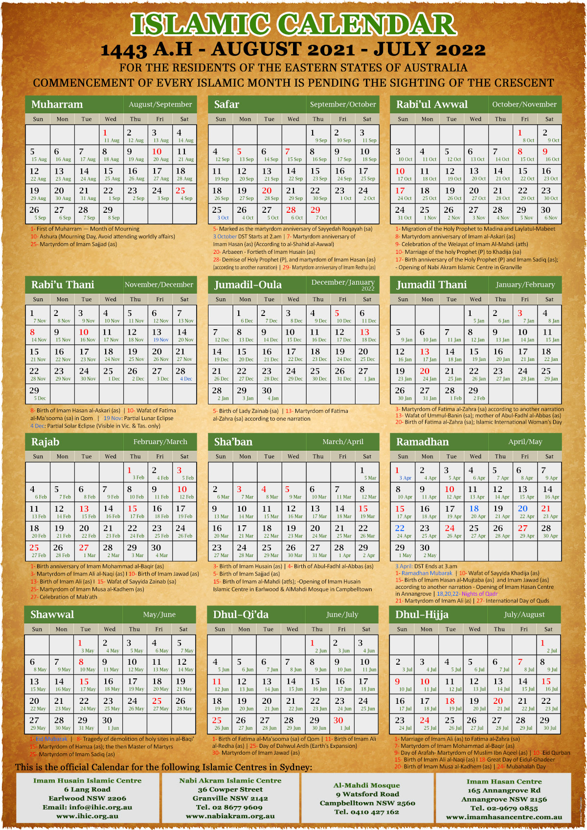 Shia Calendar 2022 Annual Islamic Calendar 1443 A.h. (2021-2022) – Imam Husain Islamic Centre