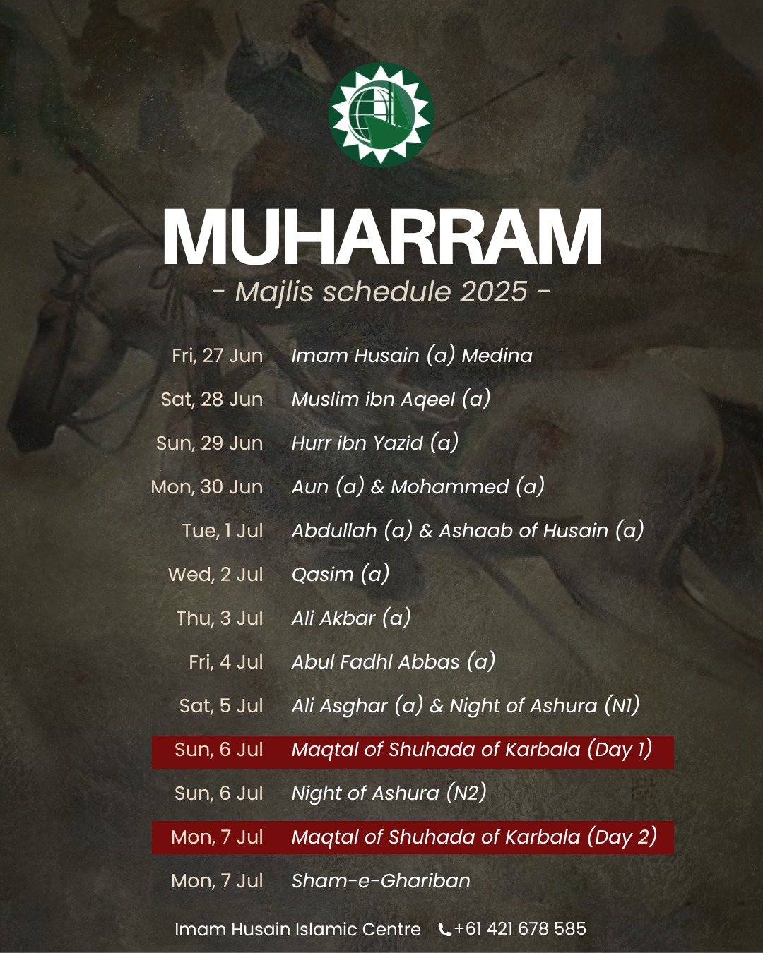 Muharram Majlis Schedule 2025